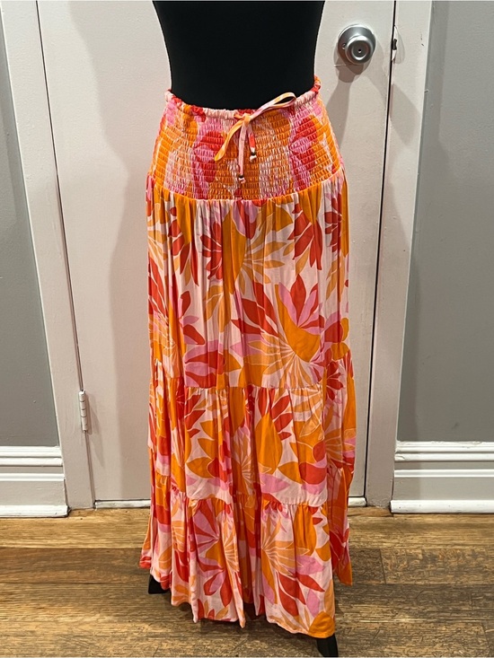 Abel The Label Dresses & Skirts - Tiered Floral Maxi Skirt with Smocked Waist in Pink & Orange
